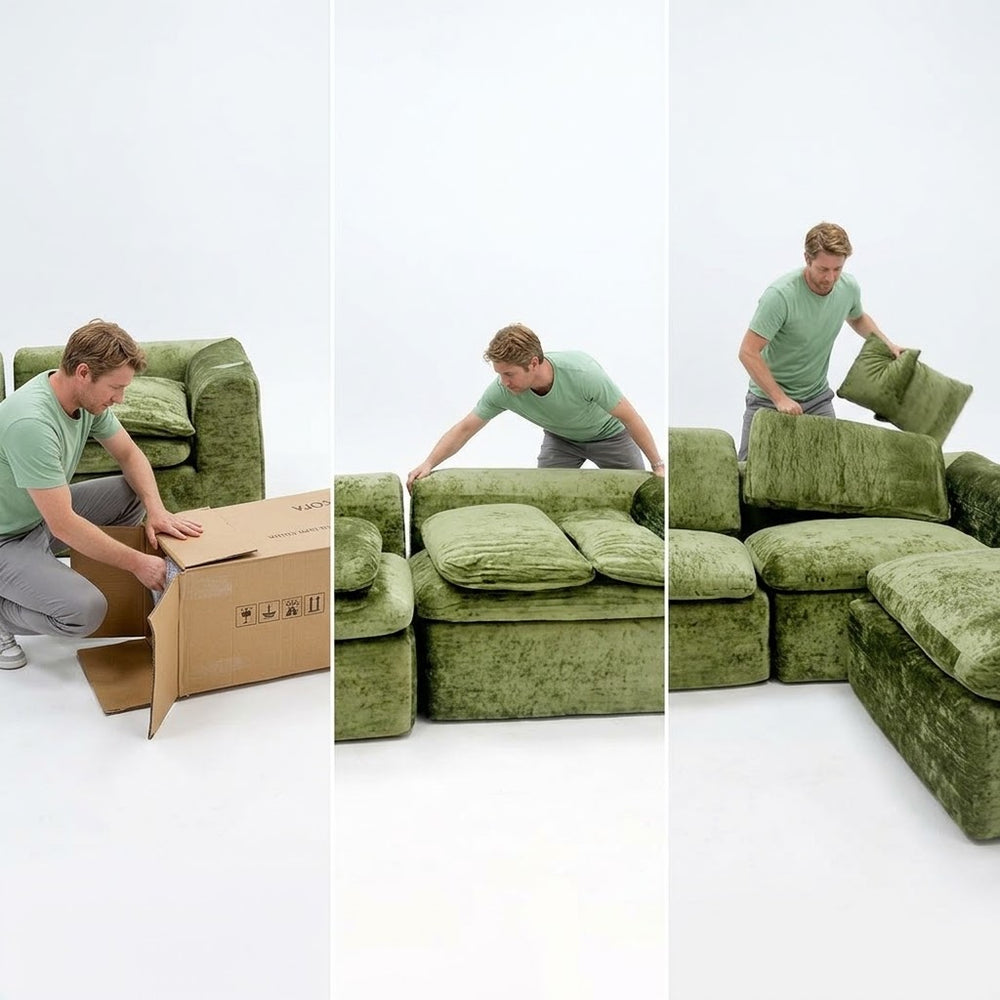 Opening the box containing a green sofa module