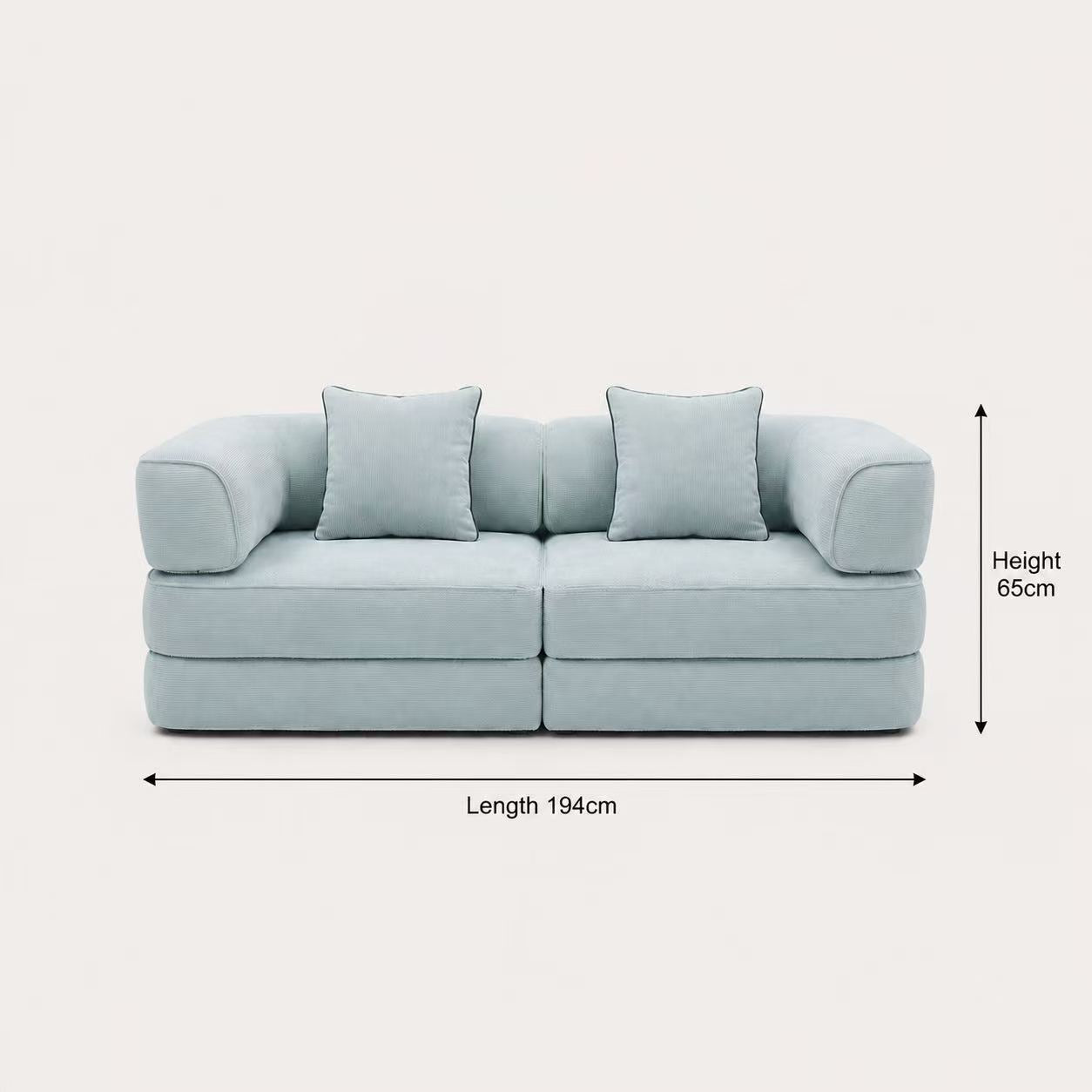 Aura Teddy Sofa Bed fresh blue front view with dimensions