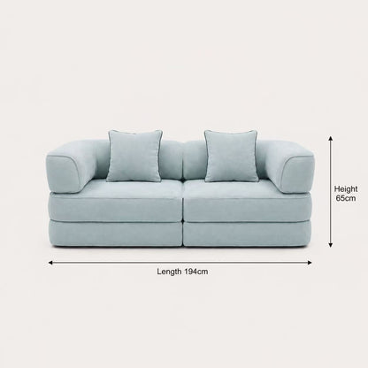 Aura Teddy Sofa Bed fresh blue front view with dimensions