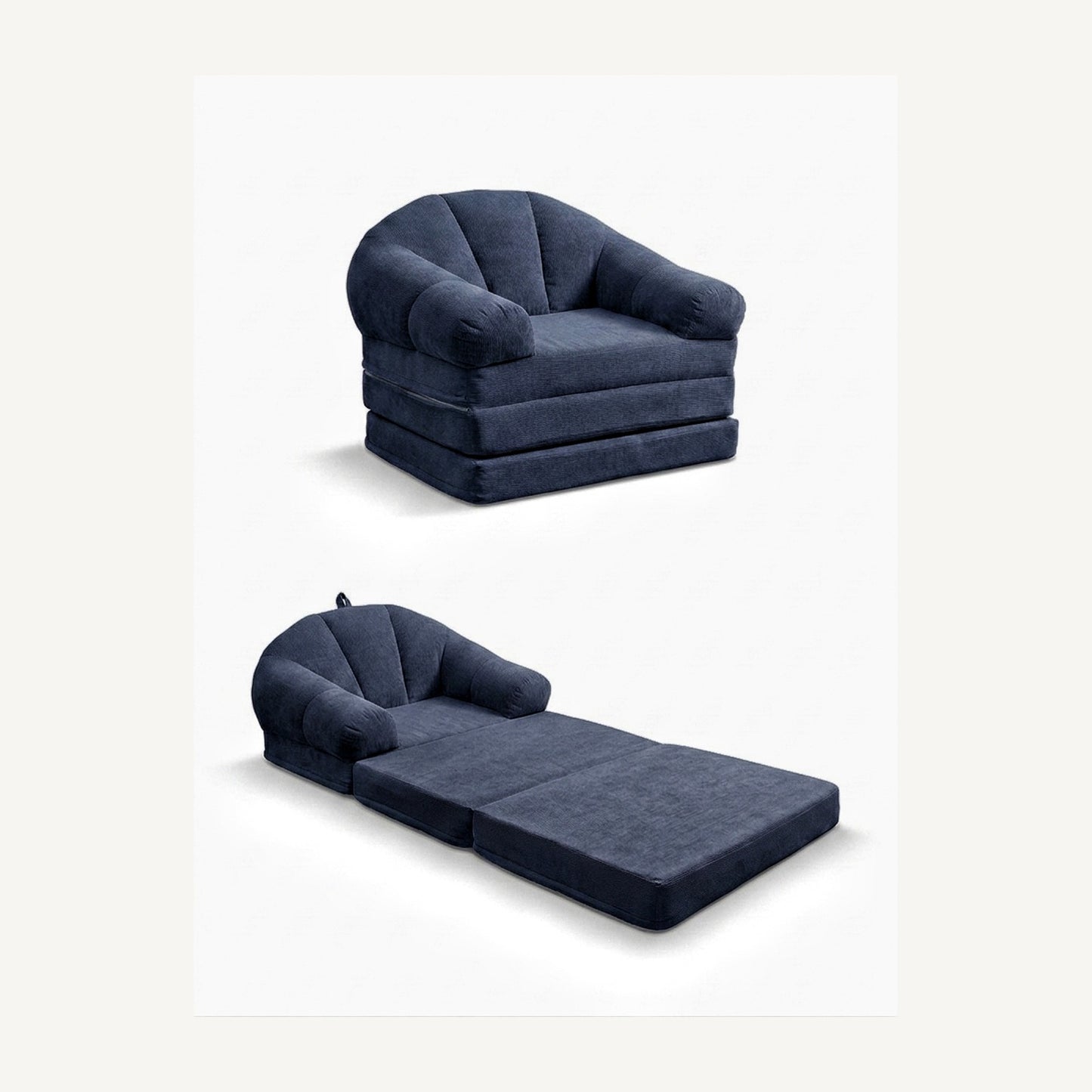 Aura Tri-Fold Sofa Bed blue chair and bed views