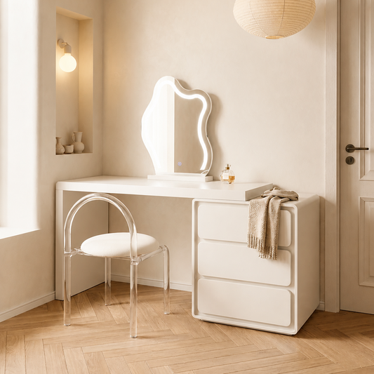 ROREN white vanity desk with cloud mirror in a warm bedroom