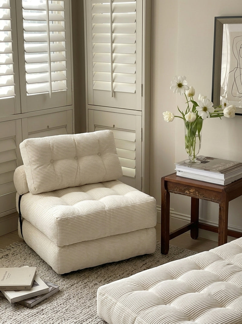 Tofu Block single chair in white corduroy
