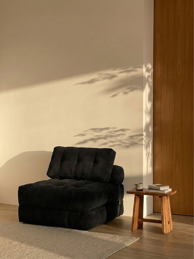 Tofu Block single chair in black corduroy