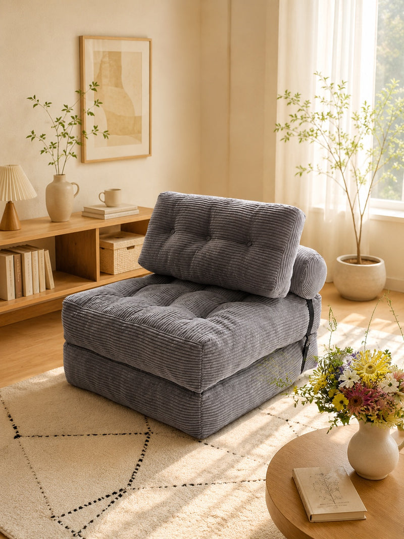 Tofu Block single chair in dark grey corduroy