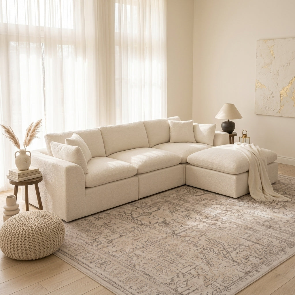 White ROREN Cloud modular sofa and ottoman in a living room
