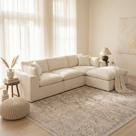 White ROREN Cloud modular sofa and ottoman in a living room